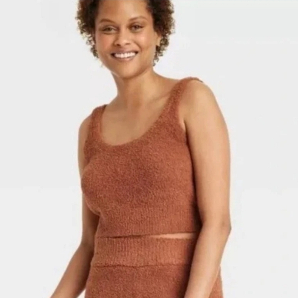 STARS ABOVE Cozy Brown Knit Crop Tank and High-Waist Pants Set